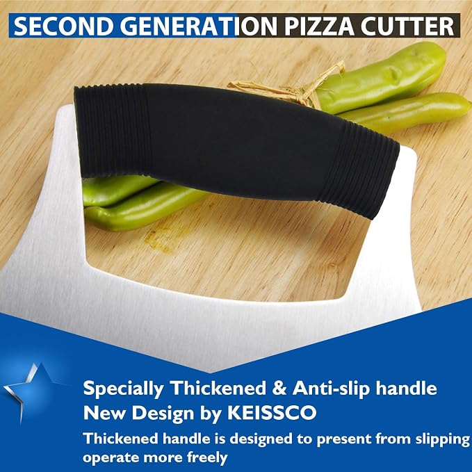 KEISSCO Pizza Cutter Stainless Steel Ulu knife Razor Sharp Rocker Slicer Cutter Mincing Mezzaluna Knife Salad Vegetable Chopper with Upgraded Ergonomic Anti-Slip Handle