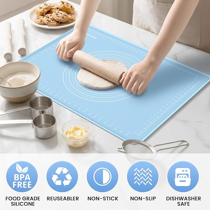 Silicone Baking Mat 32x24 Inches | Extra Thick Dough Rolling Mat with Measurements and Edge Heightening | Non-Stick Food Grade Pastry Mat for Pastry, Bread, Cookies, Pizza, Fondant & Pasta