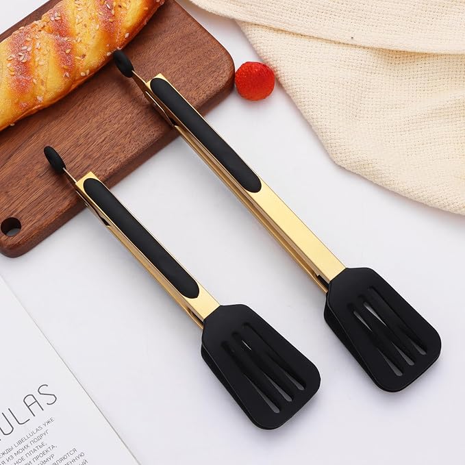 2-Piece Kitchen Spatula Tongs Food Serving Tongs 9" and 12" Cooking with BPA Free Silicone Tips, Toaster Steak Pie Pizza Pasta Spaghetti Noodles Salad Grill BBQ Buffet Clamp Serving Tools(Gold)