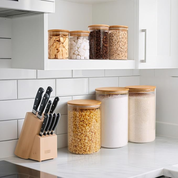 ComSaf Glass Storage Jars with Bamboo Lids 1.8 Qt 2 Pack Large Round | Flour Sugar Coffee Beans, Pasta Cereal Dry Food, Large Capacity, Kitchen Storage, Cabinet Organization,Clips included