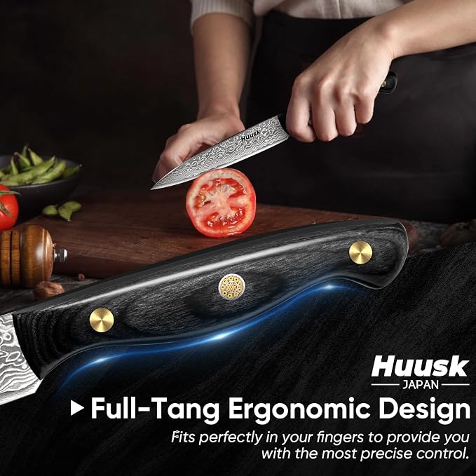 Huusk Damascus Chef Knife Set 3 PCS，VG10 Santoku Knives set，Damascus Kitchen Utility Knives set with Ebony Handle, Paring Knives Set for Meat Vegetable Fruit, Christmas Gift for Men and Women