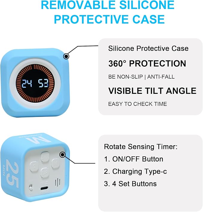 Rotating Pomodoro Cube Visual Timer 5, 25, 10 50 Minutes Preset, Rechargeable Desk Productivity Flip Timer w/Silicone Cover Custom Countdown, Silent Mode for ADHD, Study, Work, School(Blue)