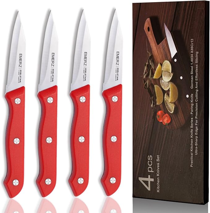 Paring Knife Set of 4, Stainless Steel Paring Knives,3.5inch,Ergonomic PP Triple Rivet Handle,Sharp Small Cutting Knife for Peeling Coring Cutting,Red Pairing Knives for Fruit