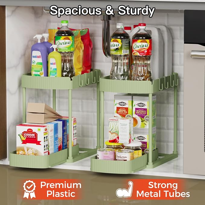2 Packs Under Sink Pull-Out Storage Organizers, 14.8 Inches, Green | Multi-Purpose Cabinet Organizers and Storage for Bathroom & Kitchen