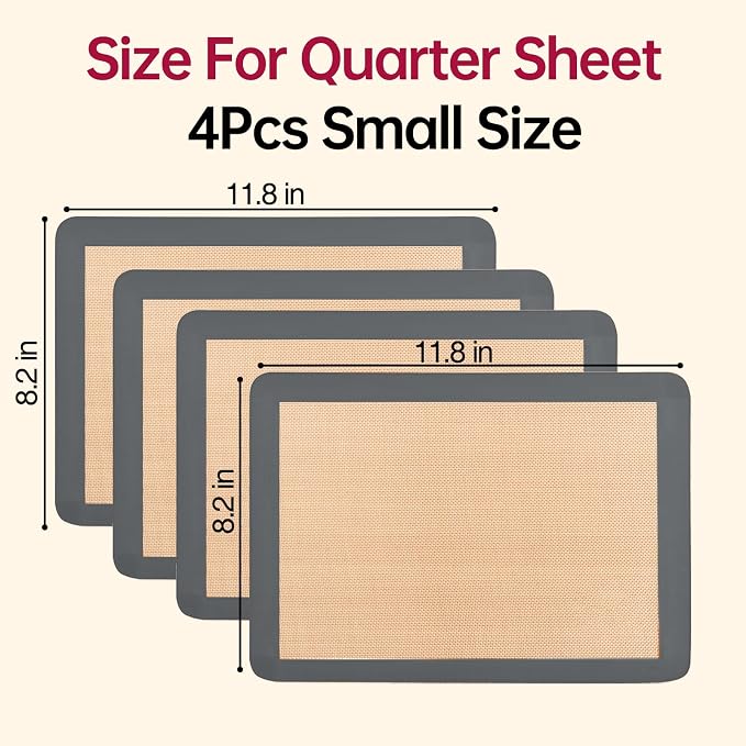 4 Pcs Silicone Baking Mat Fits Small Quarter Sheet Pans | Reusable Liners For Nonstick Baking, Easy Cleanup, For Cookies, Veggies And Pastry, Grey