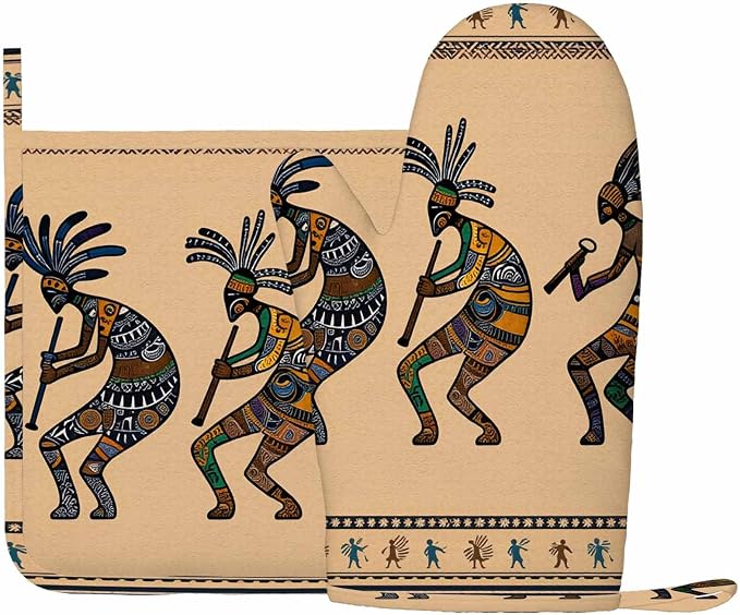 Mxocom Kokopelli Oven Mitt and Pot Holder with Silicone Stylized Mythical Characters Playing Flutes Heat Resistant Kitchen for Cooking BBQ Baking Grilling Spring/Summer