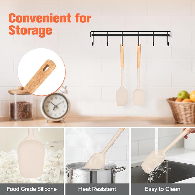 Large Silicone Rubber Spatula Scrapers 14" with Long Wood Handle, Heat Resistant, Essential Baking Tools for Mixing, Stirring, Scraping, Spreading for Nonstick Cookwares, Pack of 2 (Khaki)