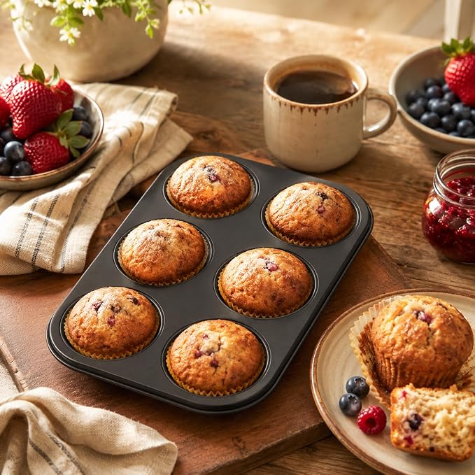 Premium Non-Stick Muffin Baking Pan,6-Cup cake Pan Set of 2(Black) | Even Heat Distribution,Rustproof & Dishwasher Safe,Food-Grade 304 Stainless Steel Muffin Mold for Home Baking,Ideal Gift
