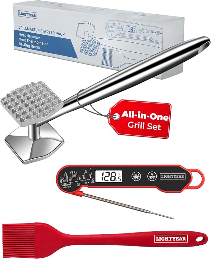 Lightyear Grillmaster Starter Pack | 3-Piece BBQ Bundle with Meat Hammer, Instant-Read Meat Thermometer & Silicone Basting Brush — Stainless Steel Grilling Gift Set