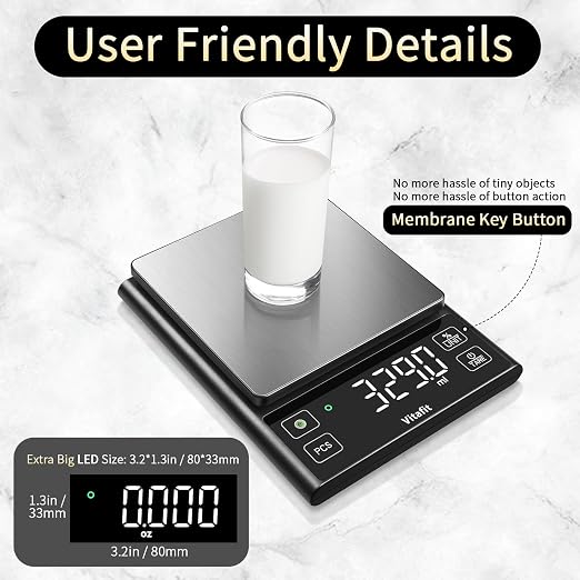 Vitafit 11lb Food Scale, High Accuracy 0.0001lb by Our Professional Scale Factory Since 2001, Digital Kitchen Scale with% Percentage Function for Cooking, Baking & Coffee, Stainless Steel, LED, Black