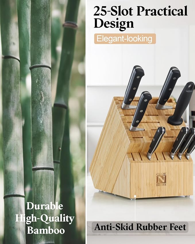 Cook N Home Basics,Bamboo Cutlery Block without Knives, Universal Knife Holder Countertop Butcher Block Knife Stand for Easy Kitchen Storage, 25-Slot