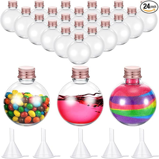 Layhit 24 Pcs Spherical Plastic Potion Bottles Ball Shape Round Bottles 3.4 oz Sand Art Jar with 5 Funnels Decorative ‌container Candy Jar for Valentines Birthday DIY Crafts(Rose Gold,Aluminum Lid)