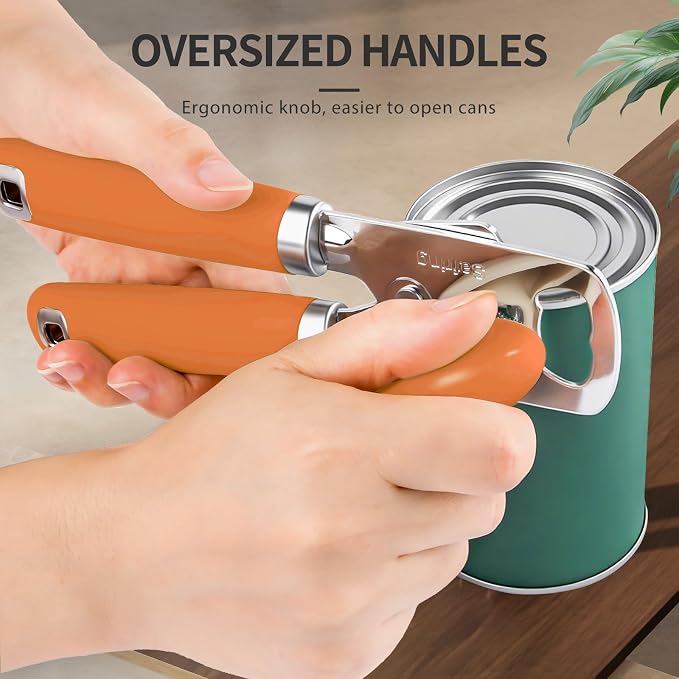 Safring Can Opener Manual, Heavy Duty Stainless Steel Smooth Edge Can Opener With Soft Touch Handle, Oversized Handheld Easy Turn Knob, Multi-Function Bottle Opener, Orange