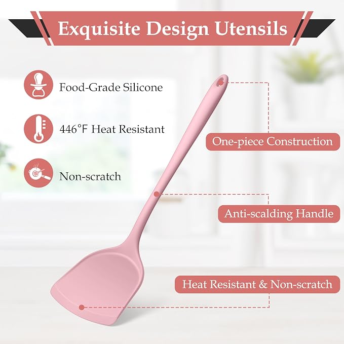 LIANYU Pink Silicone Cooking Utensils Set of 8, Non-Toxic Kitchen Utensils with Spatulas Spoons, Heat Resistant Non-Scratch Kitchen Tool, Healthy & Dishwasher Safe