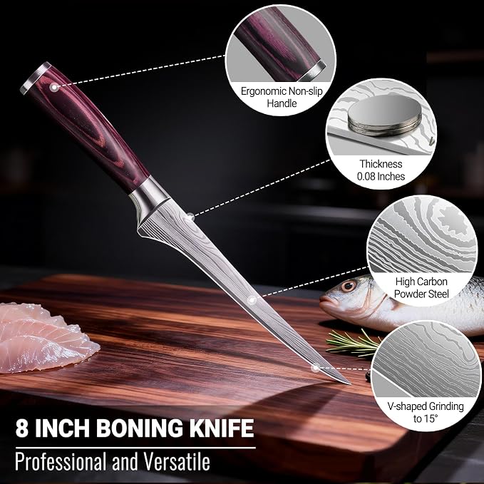 Boning Knife 8 Inch Super Sharp Fillet Knife High Carbon Stainless Steel Kitchen Knife with Wooden Handle, Chinese Boning Knives for Meat Poultry Chicken Deboning Knifes