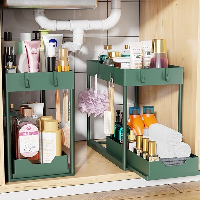 Simple Trending Under Sink Organizer 2 Pack, with Sliding Drawer, Green | 2-Tier Multi-Use Under Shelf Organizer with Hooks, Sink Pull-Out Sliding Storage Cabinet for Kitchen Bathroom, Easy Assembly