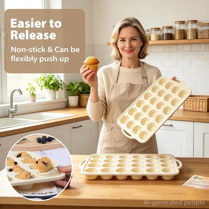 Beige Mini Silicone Muffin Molds: 2 Pack 24 Small Cupcake Mold for Baking | Silicone Mini Muffin Tray for Various Recipes - Molds with Metal Frame for Oven - for Baking Lovers Vnray