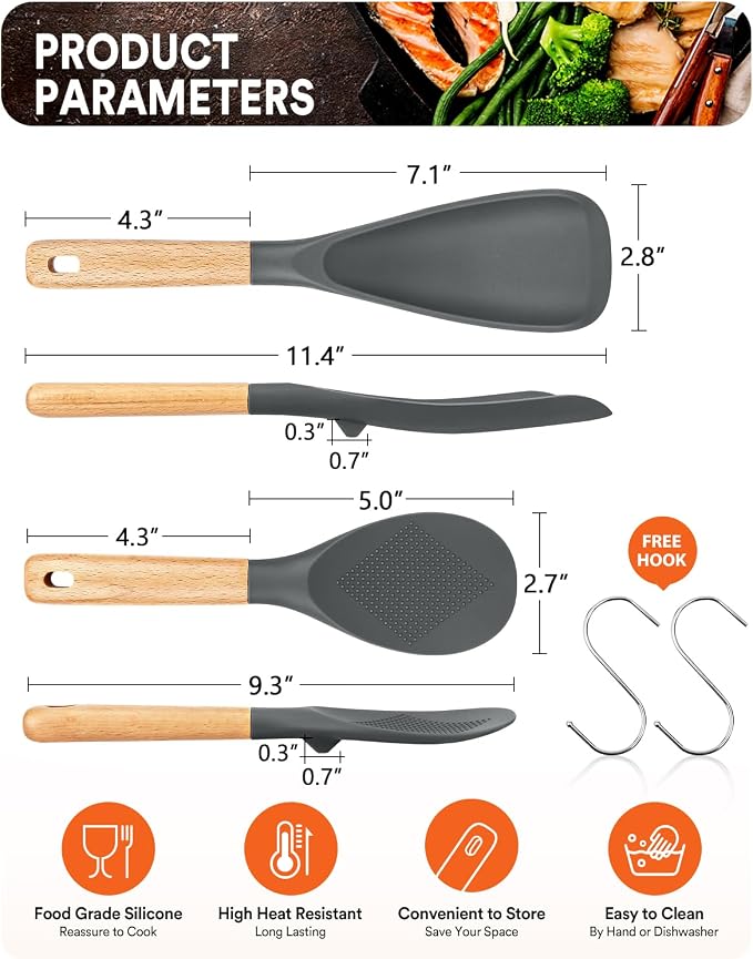 Cooking Spoon and Rice Scooper for Nonstick Cookwares, Great for Cooking and Serving Sturdy BPA-Free Matte Silicone, Wood Handle Spoon for Mixing, Scoop, and Scrape (GREY)