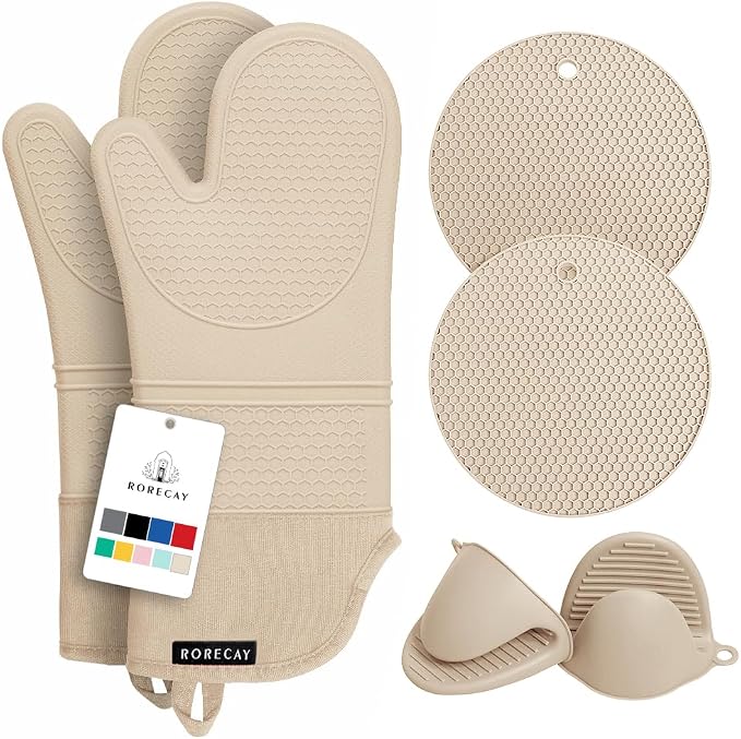 Rorecay Oven Mitts and Pot Holders Sets 6pcs, Extra Long Kitchen Silicone Oven Gloves High Heat Resistant 500 Degrees Non-Slip Potholders Hot Pads for Baking Cooking, Milkshake