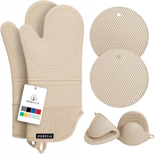 Rorecay Oven Mitts and Pot Holders Sets 6pcs, Extra Long Kitchen Silicone Oven Gloves High Heat Resistant 500 Degrees Non-Slip Potholders Hot Pads for Baking Cooking, Milkshake