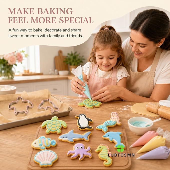 LUBTOSMN 10-Piece Ocean Cookie Cutter Set - Shark, Mermaid, Dolphin, Sea Turtle, Octopus - Dishwasher Safe Stainless Steel Molds for Under The Sea Birthday Party & Summer Baking