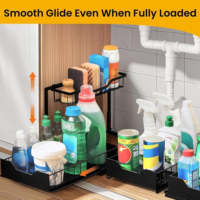 3 Pack, Under Sink Organizer 2-Tier with Slide Out Lower Drawer - Metal Pull Out Cabinet Organizer for Kitchen Bathroom, Includes Removable Center Basket & Storage Shelves, Space Saving Design