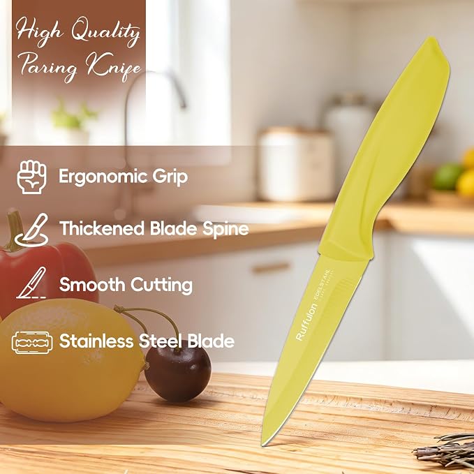Paring Knife set, 4-piece set of 3.5-inch yellow knives. | Straight blade with pointed tip design PP plastic ergonomic handle Specifically designed for cutting fruits and vegetables