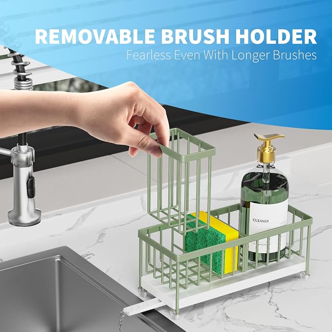 Cisily Sponge Holder for Kitchen Sink, Sink Caddy Organizer with High Brush Holder, Kitchen Countertop Organizers and Storage Essentials, Rustproof 304 Stainless Steel (Sage Green, 9.25″)