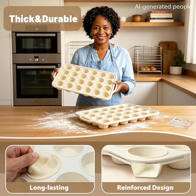 Beige Mini Silicone Muffin Molds: 2 Pack 24 Small Cupcake Mold for Baking | Silicone Mini Muffin Tray for Various Recipes - Molds with Metal Frame for Oven - for Baking Lovers Vnray
