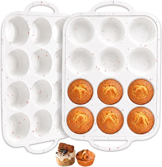Redfly Silicone Muffin Pans for Baking 12 Cup with Metal Reinforced Frame, Nonstick 2Pack Regular Size Cupcake Pan, BPA Free Food Grade, Easy Release, Dishwasher Oven Freezer Safe for Egg Bite Molds