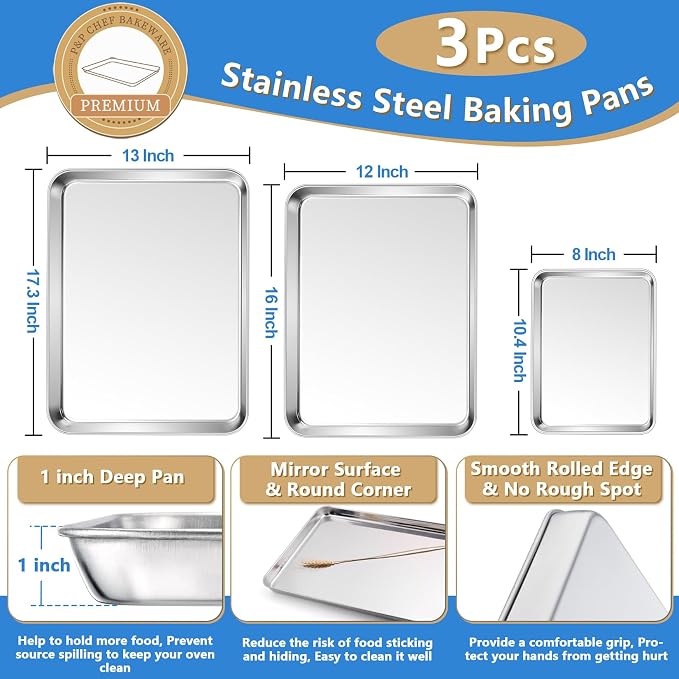 P&P CHEF 17.5 + 16 + 10.4 Inch Baking Sheet Pan and Cooking Rack - 6 Pieces | 3x Cookie Sheet + 3x Grid Rack, Stainless Steel Oven Tray with Wire Rack for Oven Baking, Healthy & Sturdy & Easy to Clean