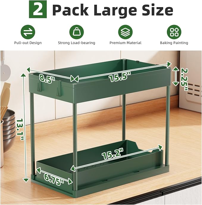 Simple Trending Under Sink Organizer 2 Pack, with Sliding Drawer, Green | 2-Tier Multi-Use Under Shelf Organizer with Hooks, Sink Pull-Out Sliding Storage Cabinet for Kitchen Bathroom, Easy Assembly