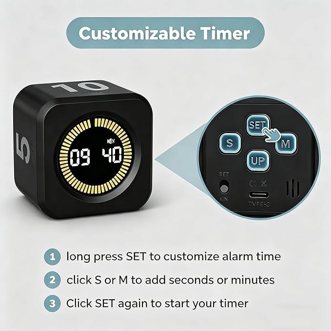 KADAMS Pomodoro Timer Visual - Productivity Pomodoro Cube, 5/10/25/50 Min Countdown & Countup, Silent – Ideal for Work Study Cook Workout Kitchen School Classroom Office ADHD Gift Kids (1, Black)