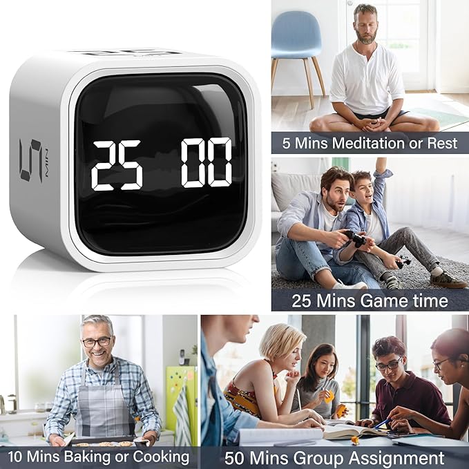 Rotating Pomodoro Timer 5, 25, 10 50 Minutes Preset, Desk Productivity Flip Timer, Cube Countdown Stopwatch for ADHD, Vibration/High/Low Volume, for Work, Study, Back to School, Kitchen, 2 White
