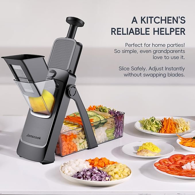 Jonscook 7-in-1 Safe Mandoline Slicer for Kitchen, Vegetable Slicer with Container, Veggie Chopper Cutter, Upgraded Tray & Stainless Steel Grater & Basket & Lid & Cleaning Brush (Black Knight Pro)
