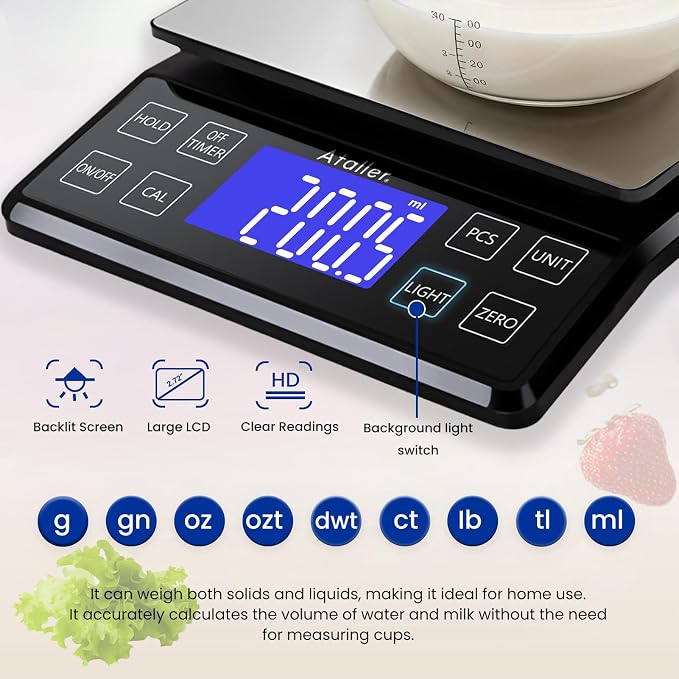 Rechargeable Digital Kitchen Scale, 0.1g Resolution Max 5kg 11Ibs | Food Scale with PCS Counting, Hold, Tare Functions, 6.3"x6.3" Large Stainless Steel Platform, for Cooking, Baking, Meal Prep