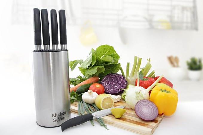 Universal Knife Block - Stainless Steel Kitchen Knife Holder Without Knives - Round Space -Saver Knife Storage Stand safely stores knives while keeping blades clean and sharp