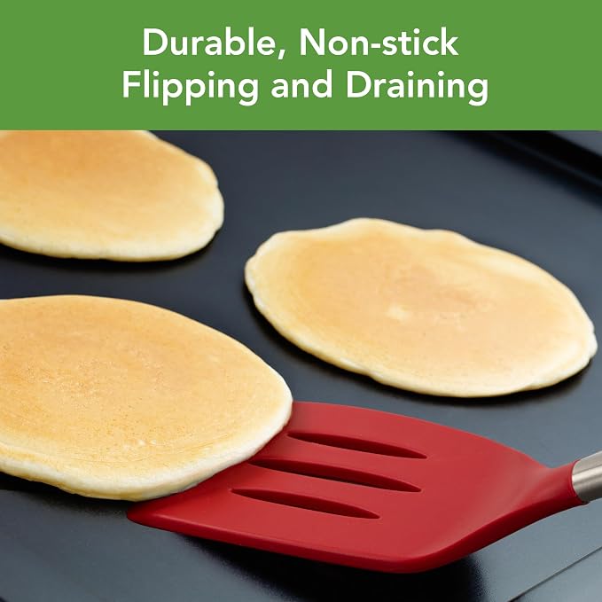 Tovolo Slotted Silicone Spatula Turner Slotted Stainless Steel Handle 10" Cayenne Red Heat Resistant Non Toxic BPA Free Kitchen Utensil, Silicone Egg Pancake Flipper Metal Handle Turner for Cooking