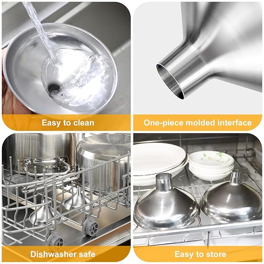 2 Pack Stainless Steel Kitchen Funnel Set for Filling Bottles - 2 Different Caliber Sizes, Seamless One-Piece Design for Transferring Oils Spices Powder Mixes (Easy to Clean)