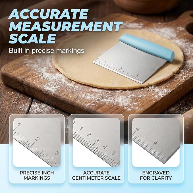 Stainless Steel Dough Scraper & Chopper with Measurement Marks, Multi-Purpose Pastry Cutter for Pizza Bread Cookie Dough, Heavy Duty Scraper with Non-Slip Handle (Black)
