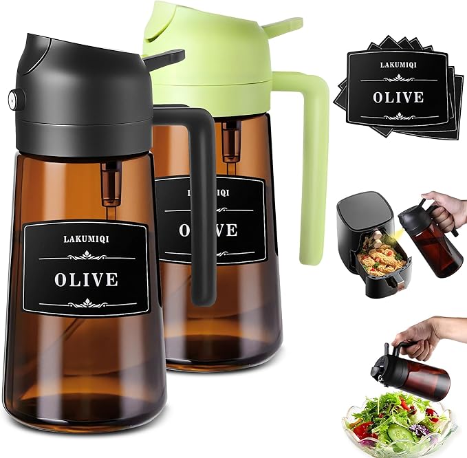 Oliver Oil Sprayer & Dispenser for Cooking Bottle 16oz Dark Glass Fine Mist | 2pcs,Brown Bottles-Black and Green