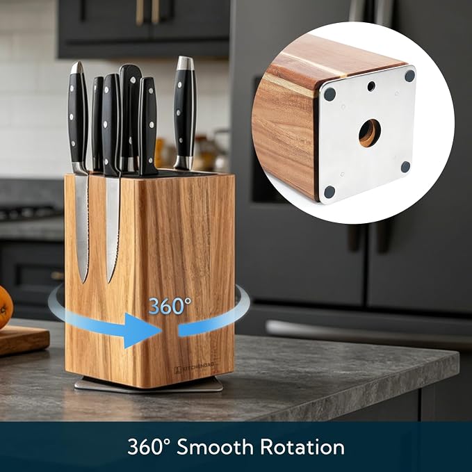 KITCHENDAO Magnetic Knife Block without Knives, 360° Rotary Acacia Wood Knife Holder, Large Universal Knife Storage with Magnet, Countertop Butcher Block Knife Stand for Easy Kitchen Storage