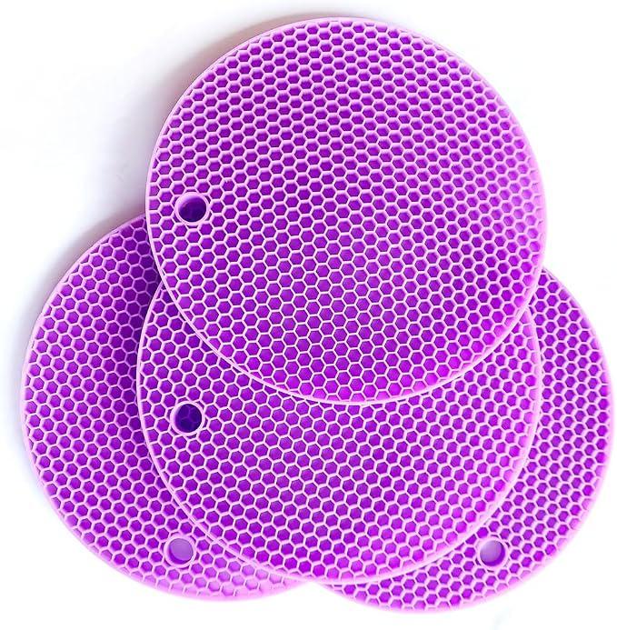 7-Inch Round Silicone Trivet Mats - 4-Pack Non-Slip Heat Resistant Hot Pads for Kitchen Countertops, Pots and Pans (Purple)