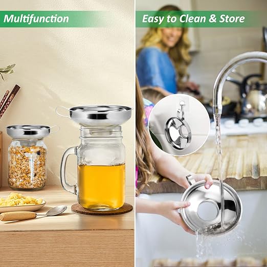 Canning Funnel with Strainer, Food Grade Funnel for Kitchen Use, Metal Large & Small Wide Mouth Funnels for Mason Jars, Stainless Steel & Dishwasher Safe