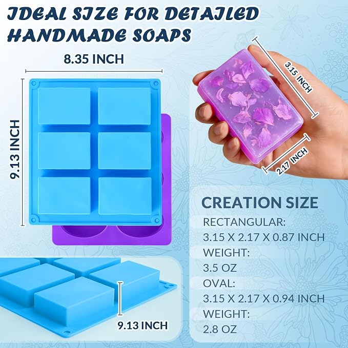HKNMTT Oval Suqare Soap Mold 6-Cavity Silicone Molds for Handmade Craft | 2Pcs, for Soap Making Candy Shower Steamer Homemade Bath Bomb Lotion Shampoo Chololate Bar Dessert DIY Non-Stick Food Grade