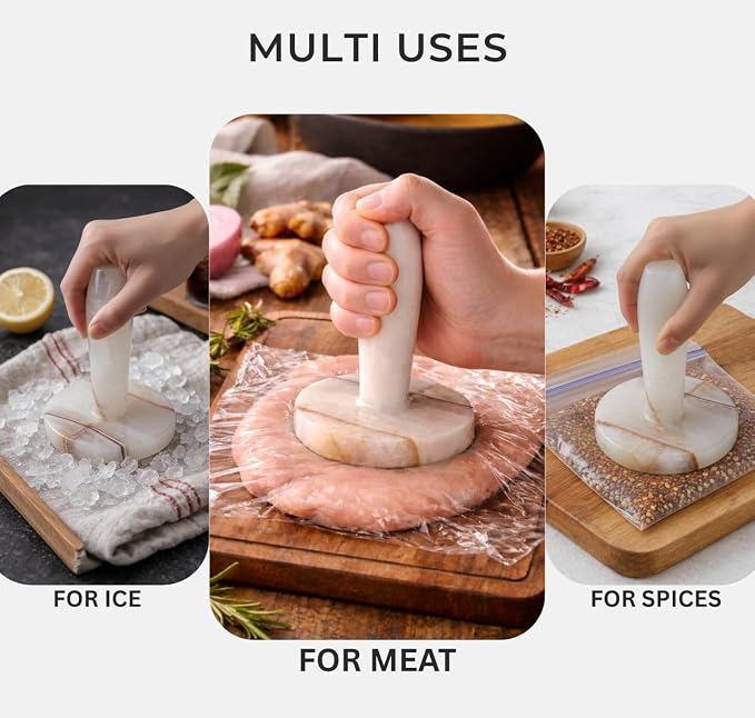 Marble Meat Pounder Tenderizer 5" Inches White Onyx Handmade Round Chicken Flattener Tool - Works Great As A Smash Burger Press - Meat Flattener for Steak, Chicken, Pork