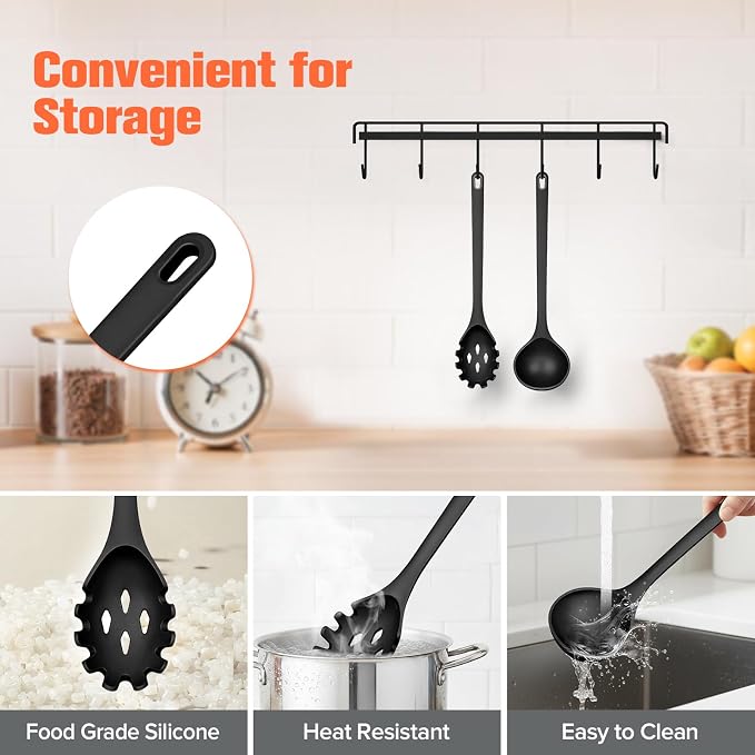 Silicone Spaghetti Spoon&Soup Ladle Cooking Utensils Set of 2,No Scratch for Nonstick Cookware,BPA Free, 450℉ Heat Resistant (BLACK)