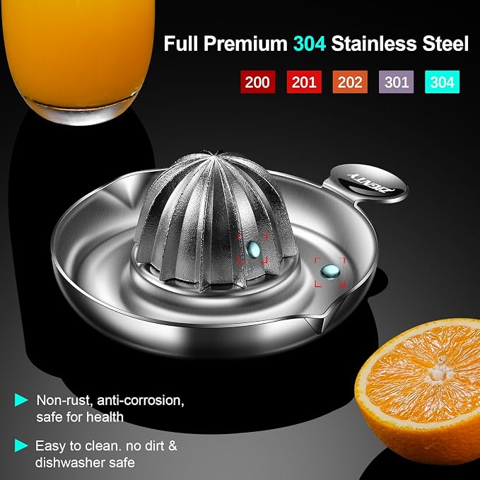 Lemon Squeezer Stainless Steel, Heavy Duty Hand Manual Citrus Juicer, Premium Orange Lime Fruit Squeezer, Robust Reamer Rotation 2 Pour Spout 200ML Container, Dishwasher Safe（5-Year Warranty）