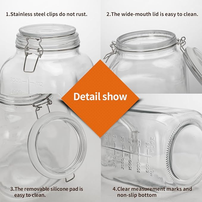 1.1 Gallon Large Glass Food Storage Jars with Airtight Lids,Set of 2 Square Wide Mouth Airtight Glass Storage Container,135oz Kitchen Mason Jar with Measurement Mark,for Flour Sugar Canning.