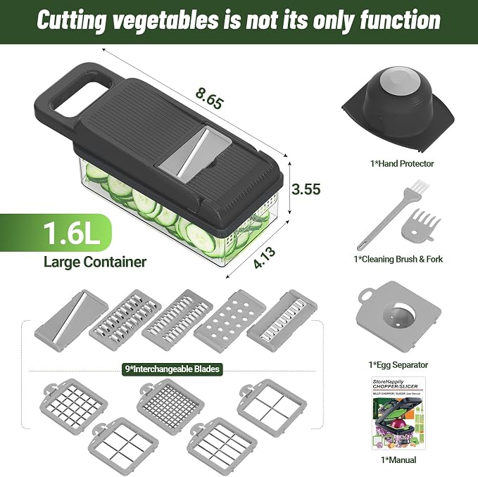 StoreHappily 12-in-1 Vegetable Chopper, 10 Blades Veggie Chopper with Container and Lid, Dicer, Slicer, Multifunctional Kitchen Gadgets, Vegetable Cutter with Handle, Onion Cutter(Grey)